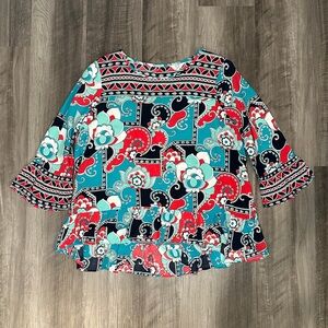 Crown & Ivy Geometric Floral Paisley Bell Sleeve Ruffle Hem Blouse - PL